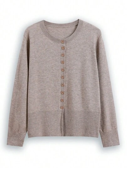 Calvaya Cárdigan casual de talla grande para mujer con cuello redondo, manga larga y abotonadura sencilla, de unicolor, para otoño/invierno