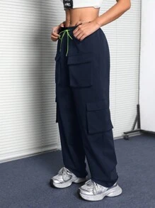 SHEIN EZwear Nữ Y2k Dạo Phố Thoải Mái Túi Dây Rút Quần Túi Túi, Quần Áo Đi Học - Màu xanh hải quân - Xem 6