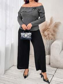 Mulvari T-shirt côtelé ajusté à manches longues et épaules dénudées en couleur unie pour femmes grandes tailles, t-shirts casual ajustés - Gris - Voir 3