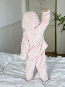 SHEIN Baby Girls Heart Fleece Jacket & Bib Pants Set, Warm & Comfortable Outfit For Outdoor Winter - Pink - View 4