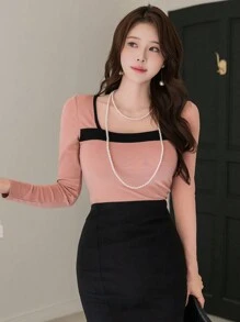 DAZY Women's Crew Neck Contrast Color Fitted Long Sleeve T-Shirt,Fall Women Clothes