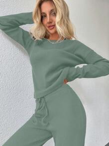 RueChic Solid Tee & Drawstring Waist Pants - Mint Green - View 5