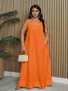 Slaydiva Vestido suelto de talla grande sin mangas con bolsillos y bajo en línea A para damas, primavera-verano - C