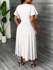 Slaydiva Đầm midi dáng xòe thanh lịch cỡ lớn có cổ chữ thập, chi tiết nhún bèo và tay áo nhún bèo, thích hợp mặc dự tiệc, mặc buổi tối và mặc hàng ngày, mùa xuân và mùa hè - trắng - Xem 2