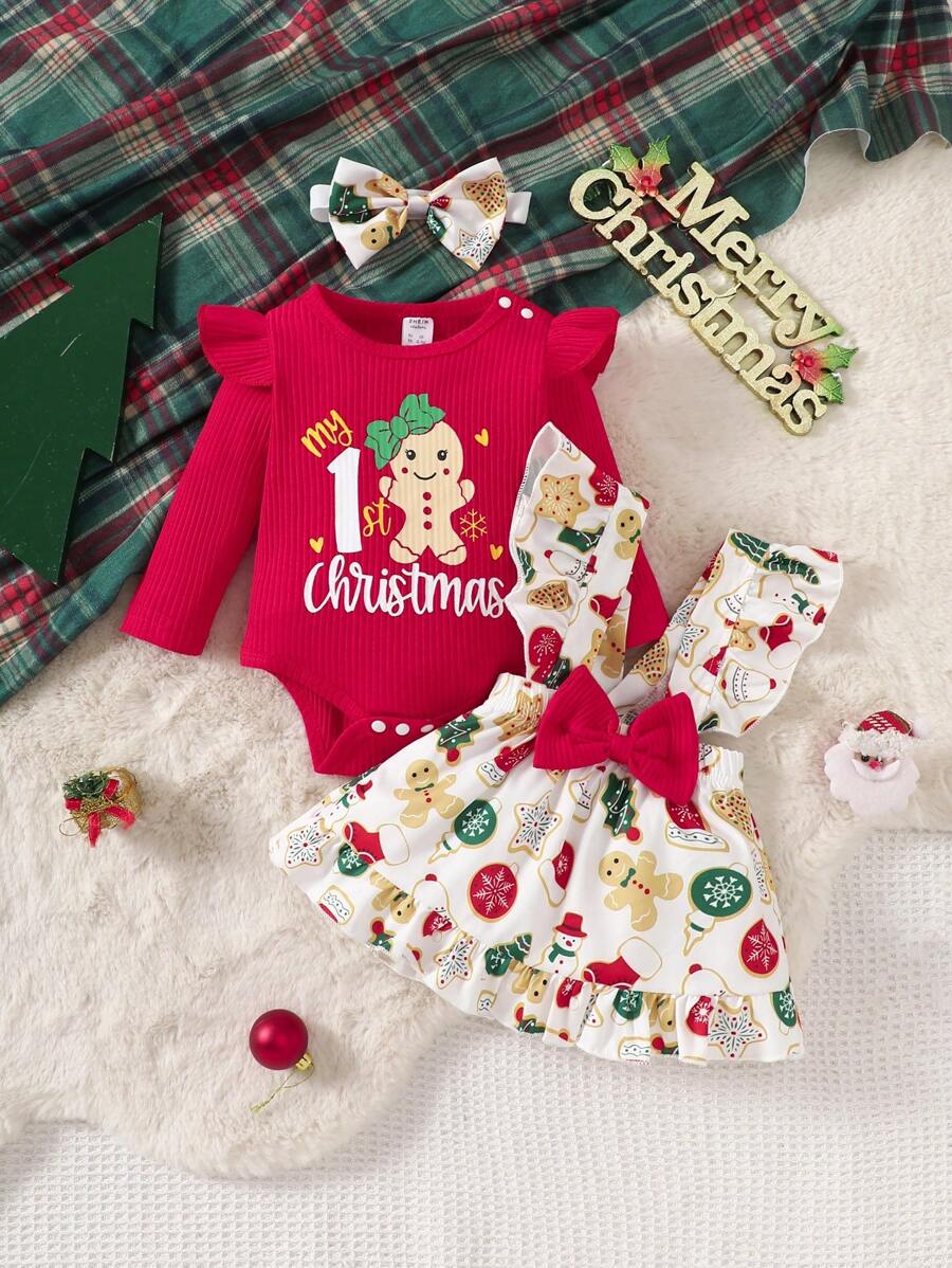SHEIN 女婴圣诞可爱卡通字母印花荷叶边长袖连体衣和卡通蝴蝶结装饰吊带裙配头带,秋冬 - 紅色 - 查看 1