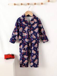 2件套男婴休闲阻燃数码印花消防车图案针织Polo衫和裤子家居服套装 - 彩色 - 查看 5