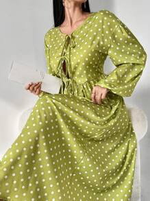 Mulvari Damen Kleid mit Langarm und Bindekordel vorne, mit Polka Punkt Muster