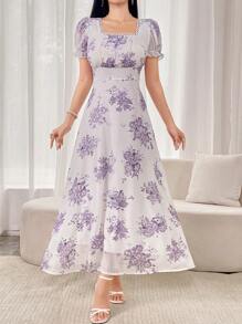 Modelyn Đầm Maxi Cổ Vuông In Hoa Tay Ngắn Cho Nữ Trang Phục Đầm Dạ Hội Dài - Màu tím - Xem 4