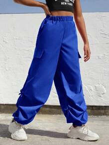 SHEIN Explorewe Tween Girl Solid Pocket Pants, School, Campus, College - Royal Blue - View 4