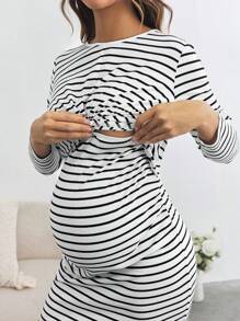 SHEIN Vestido largo ajustado de Body entero con rayas para mujeres embarazadas, para uso casual/trabajo, primavera/otoño - Blanco y Negro - Ver 7