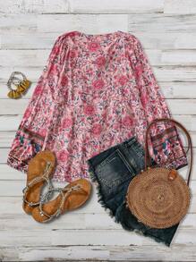 Plus Size Women Floral Print Tie Front Loose Long Sleeve Casual Blouse