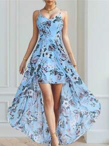 Chiquease 花卉印花拼接女士夏季吊带背心裙长款女士服装 - 藍色 - 查看 1