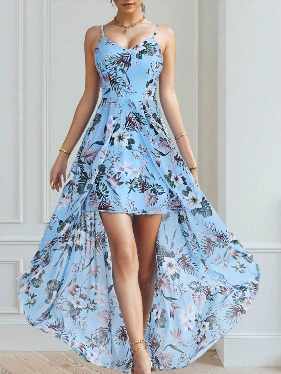 Chiquease 花卉印花拼接女士夏季吊带背心裙长款女士服装 - 藍色 - 查看 1