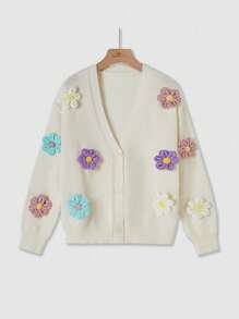 SHEIN Franclia Áo Cardigan cài nút họa tiết hoa dành cho nữ, phù hợp cho mùa xuân và mùa thu - Màu be - Xem 1