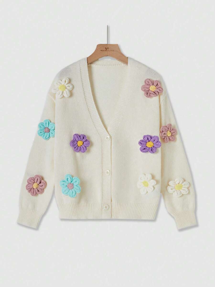 SHEIN Franclia Áo Cardigan cài nút họa tiết hoa dành cho nữ, phù hợp cho mùa xuân và mùa thu - Màu be - Xem 1