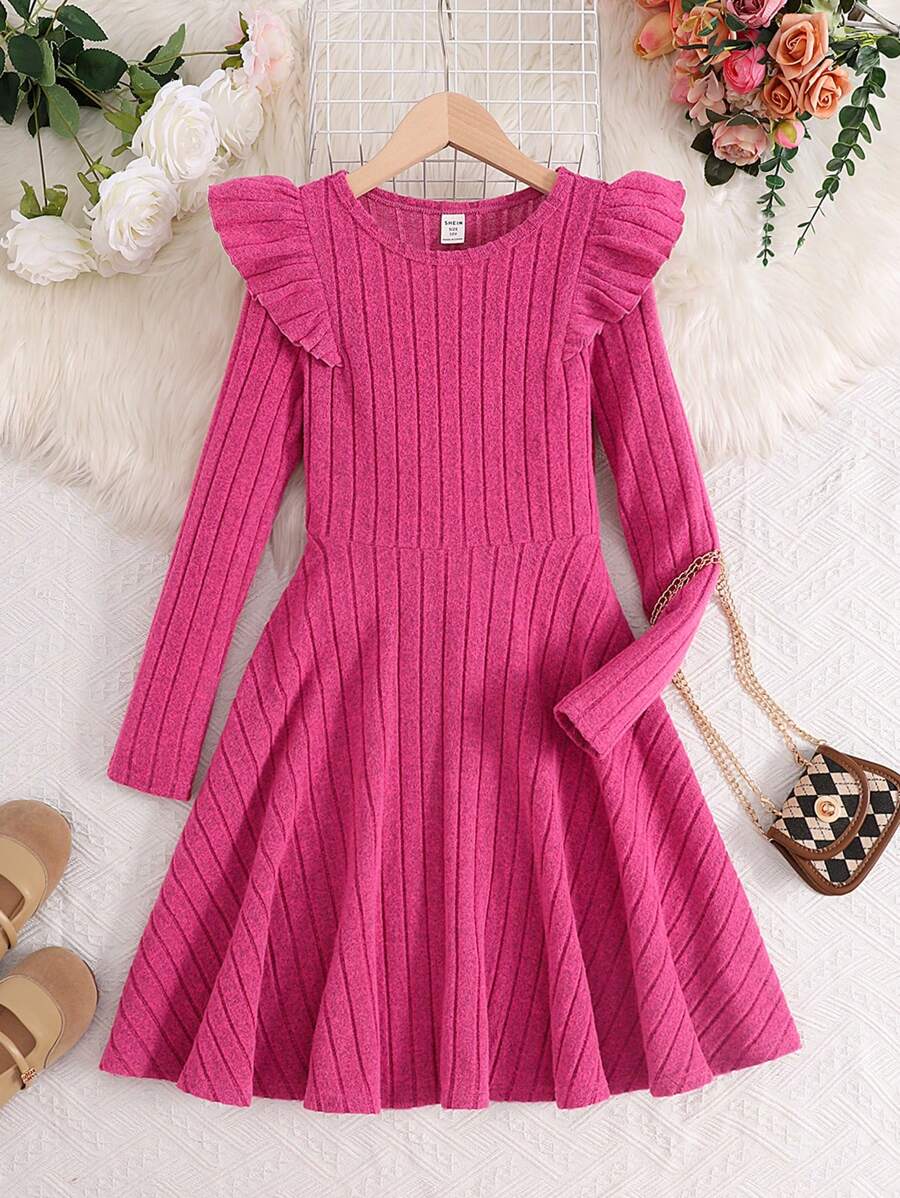 SHEIN Leap Crew 少女日常休闲针织抓绒荷叶边收腰修身连衣裙，适合秋季、冬季和初春穿着。
