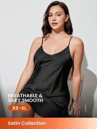 LUVLETTE Schwarzes, sexy und grundlegendes dünnes Träger Satin Nachthemd Brautjungfer luftig Damen Pyjama Wäsche als Oberbekleidung Unterkleid Babydoll