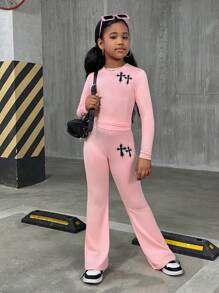 SHEIN SLAYR Tween Girl Tween Girl 休闲街头风格纯色圆领长袖针织套装（母女配套服装，2 套单独出售） - 粉色 - 查看 3