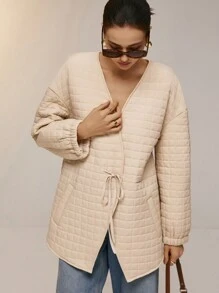 Poéselle Abrigo acolchado con cordones, textura a cuadros sólidos y lazo para mujer. Chaqueta acolchada acolchada de otoño e invierno - Caqui - Ver 4