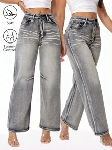 Women Loose Fit Straight Leg Casual Jeans With Pockets - Blue - View 5