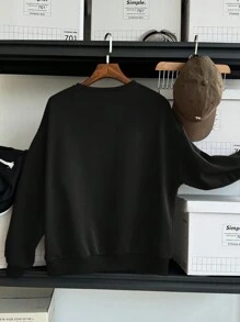 SHEIN EZwear 女士休闲简约牛头印花圆领宽松厚款长袖运动衫，适合春秋冬季 - 黑色 - 查看 3