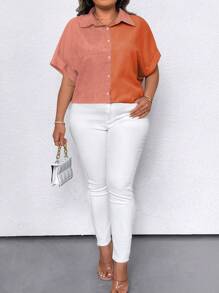 SHEIN LUNE 大码女式休闲蝙蝠袖拼色宽松衬衫，适合夏季