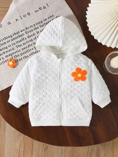 女婴舒适百搭休闲保暖提花连帽外套，带刺绣，适合居家、休闲和户外活动穿着