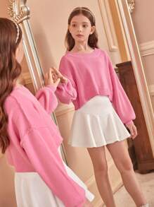 SHEIN Tween Girls' Solid Color Round Neck Drop Shoulder Long Sleeve Loose Knit Sweater, Suitable For Various Occasions Like Casual, Home, School, Gathering, Shopping, Christmas Party, Etc. - Hot Pink - View 5