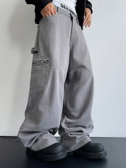 Manfinity Denimwave Y2K 复古破洞男士宽松工装牛仔裤，带多个口袋，适合送给丈夫、男朋友的礼物