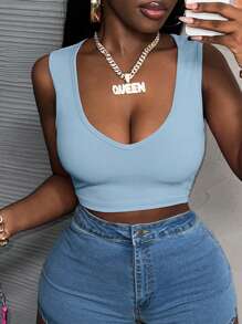 Slaydiva Sexy Casual White Ribbed Women Tank Top With Low-Cut V-Neck, Ideal For Music Festivals - Baby Blue - View 1