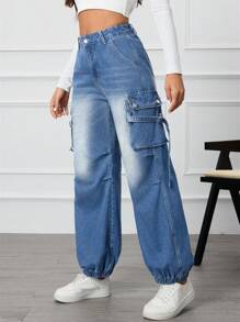 SHEIN Essnce Women's Button Waistband, Side Pocket, Straight-Leg Casual Fashion Street-Style Jeans - Light Wash - View 6