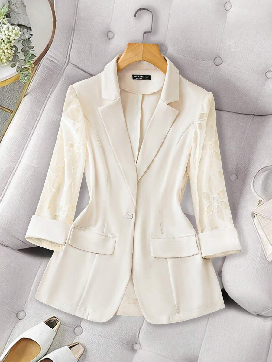 SHEIN Unity Plus Contrast Mesh Lapel Neck Blazer - Apricot - View 1
