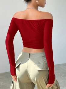 SHEIN EZwear Women's Off-Shoulder Short-Sleeve Solid Color Slim Fit T-Shirt, Spring Summer