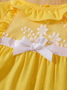 2pcs/Set Newborn Baby Girls Lace Trim Jumpsuit & Hat Set, Spring/Summer/Fall - Yellow - View 6