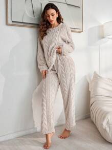 Lazeform Women's Solid Color Jacquard Velour Crew Neck Long Sleeve Pajama Set