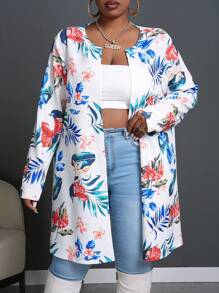 Slaydiva Casual Basic - Plus Size Women Stretchy Knit Tropical Plant Print Cardigan, Fall/Winter, Teacher - White - View 7