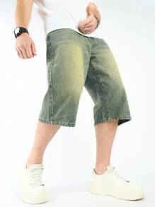 Manfinity Homme 大码男式休闲多口袋直筒 7/10 长度牛仔短裤 - 銅色 - 查看 4