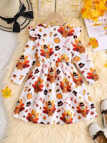 SHEIN Váy dài tay cổ tròn họa tiết hoạt hình gà tây cho bé gái mùa thu - trắng - Xem 2