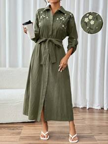 Mulvari 女士花卉刺绣落肩长袖优雅朴素长裙 - 綠色 - 查看 6