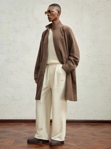 AKNOTIC Business Casual 男士宽松落肩实用开衩休闲立领长款风衣，棕色和咖啡色，适合秋冬 - 咖啡棕 - 查看 2