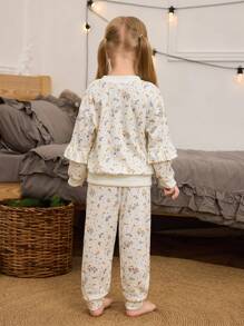 2pcs Young Girl Apricot Minimalist Ditsy Floral & Rabbit Embroidered Print Long Sleeve Pajama Set - Apricot - View 2
