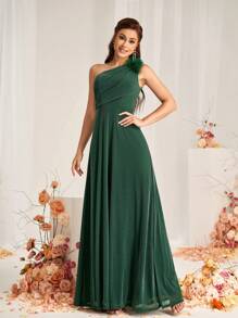 SHEIN Belle Vestido elegante de dama de honor de línea A con cuello asimétrico, decoración de plumas en el hombro, plisado y bajo con bajo asimétrico, hecho de tela coreana de hilo de plata elástica color verde oscuro, para eventos formales como bodas - Verde Oscuro - Ver 7