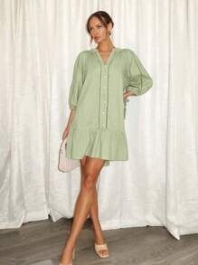 Siren Gaze Women's Linen Ruffle Hem Dress, Summer,Sage Green Dress Winter Christmas Spring - Green - View 3