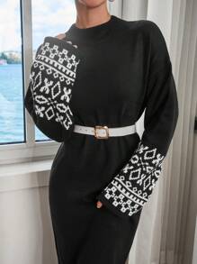 EURMUSE Sleeves Patterned Dress Fall Winter - Black - View 7