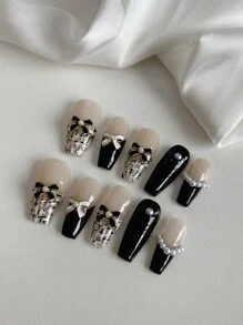 10片装长款棺材形渐变图案小黑白蝴蝶结美甲贴片，饰以白色仿珍珠，黑色法式边，手工制作，可拆卸可重复使用，情人节礼物，适合女孩、女士聚会等场合，手工美甲套装。 - 彩色 - 查看 2