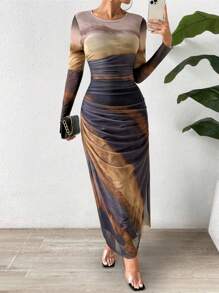 Chiquease 女士夏季彩虹染色修身長袖連衣裙，帶有褶皺細節 - 深灰色 - 查看 4