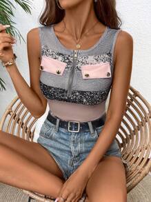 SHEIN LUNE Camiseta sin mangas de cuello redondo para el verano, ajuste slim, con rayas y estampado, con cremallera y cierre semiabierto, camisetas gráficas para mujer con bolsillo falso - Multicolor - Ver 6
