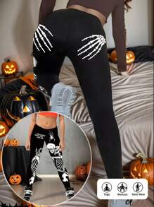 Flirla Skeleton Slogan Print Plus Size Quần legging thể thao cho Halloween - Nhiều màu - Xem 1