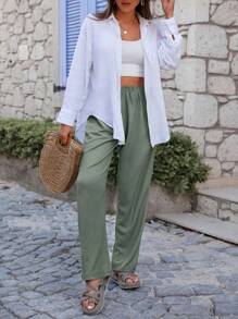 EURMUSE Solid Straight Leg Trousers - Green - View 4