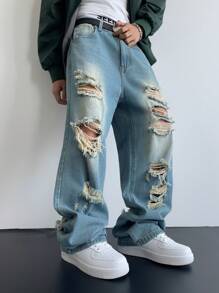 Manfinity EMRG Distressed Loose Fit Washed Denim Wide Leg Jeans For Men, Light Blue - Teal Blue - View 5